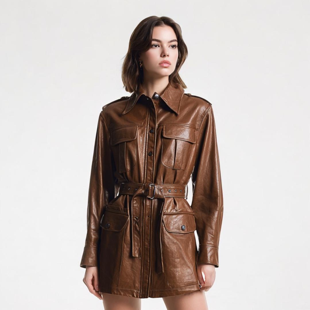 Brown Leather Coat Dress – Belted Long Sleeve Shirt Jacket