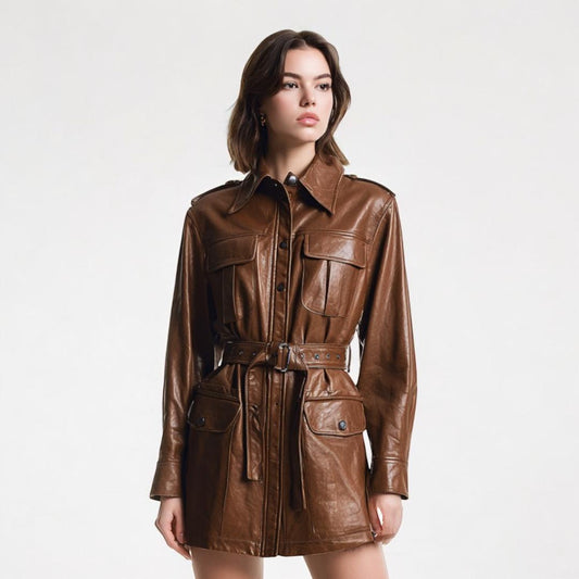 Brown Leather Coat Dress – Belted Long Sleeve Shirt Jacket