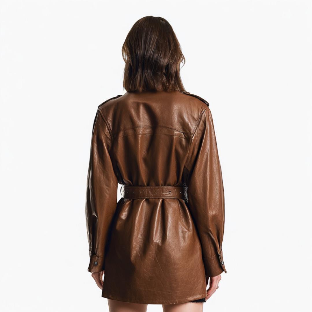 Brown Leather Coat Dress – Belted Long Sleeve Shirt Jacket