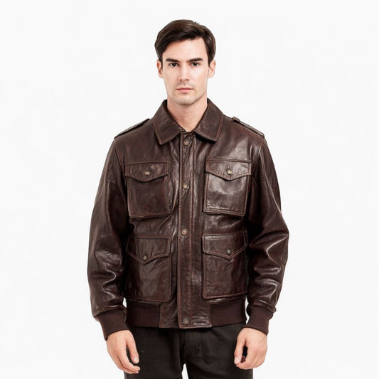 Vintage Brown Leather Bomber Jacket - Classic Aviator Flight Jacket