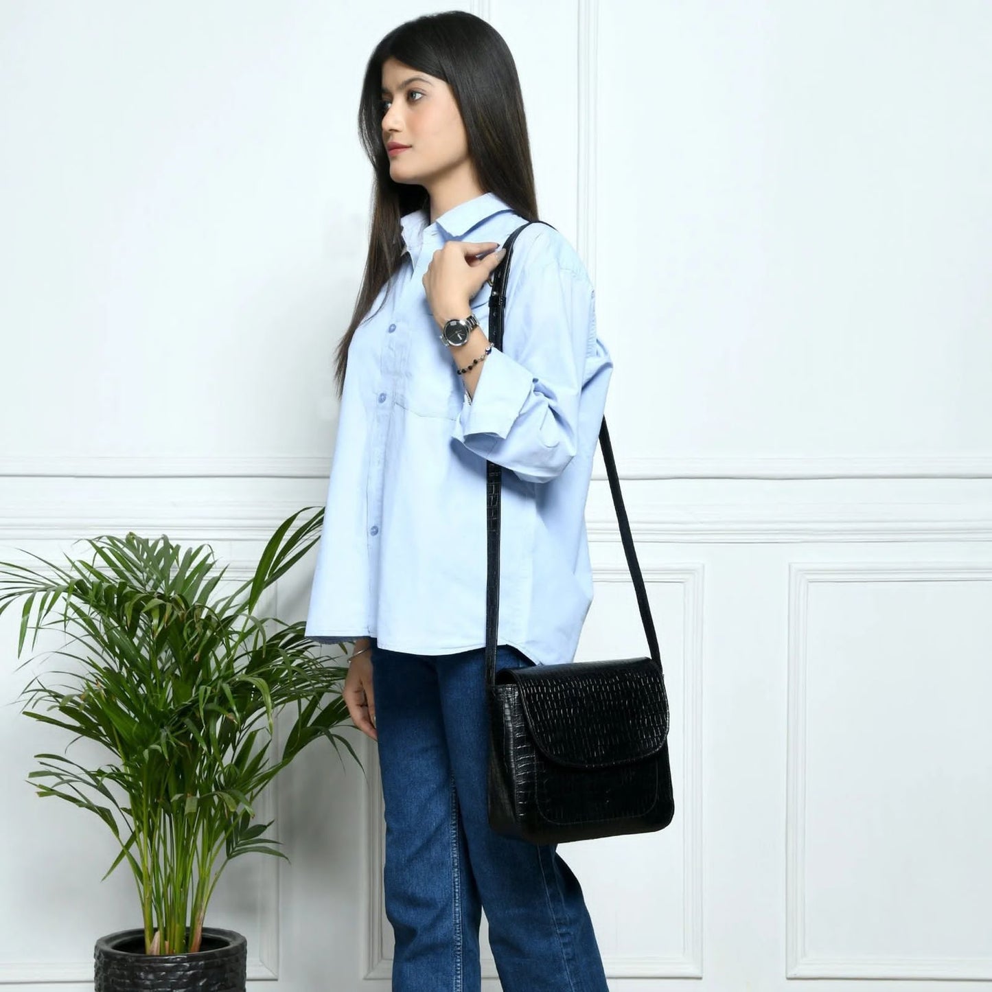 Black Croc Buffalo Leather Bag