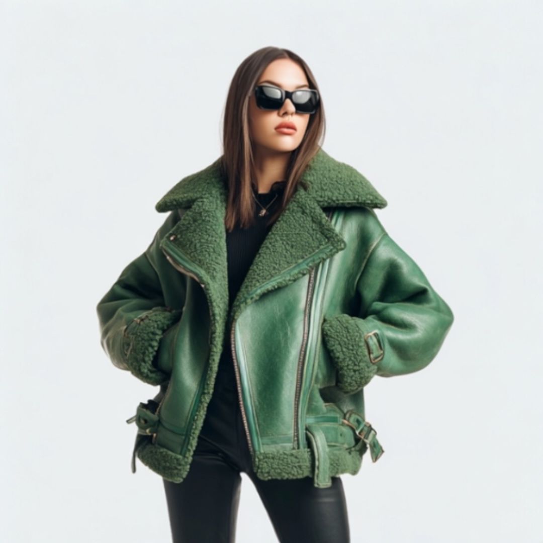 Green Shearling Bomber Leather Jacket – Aviator Flight Coat Faux Fur