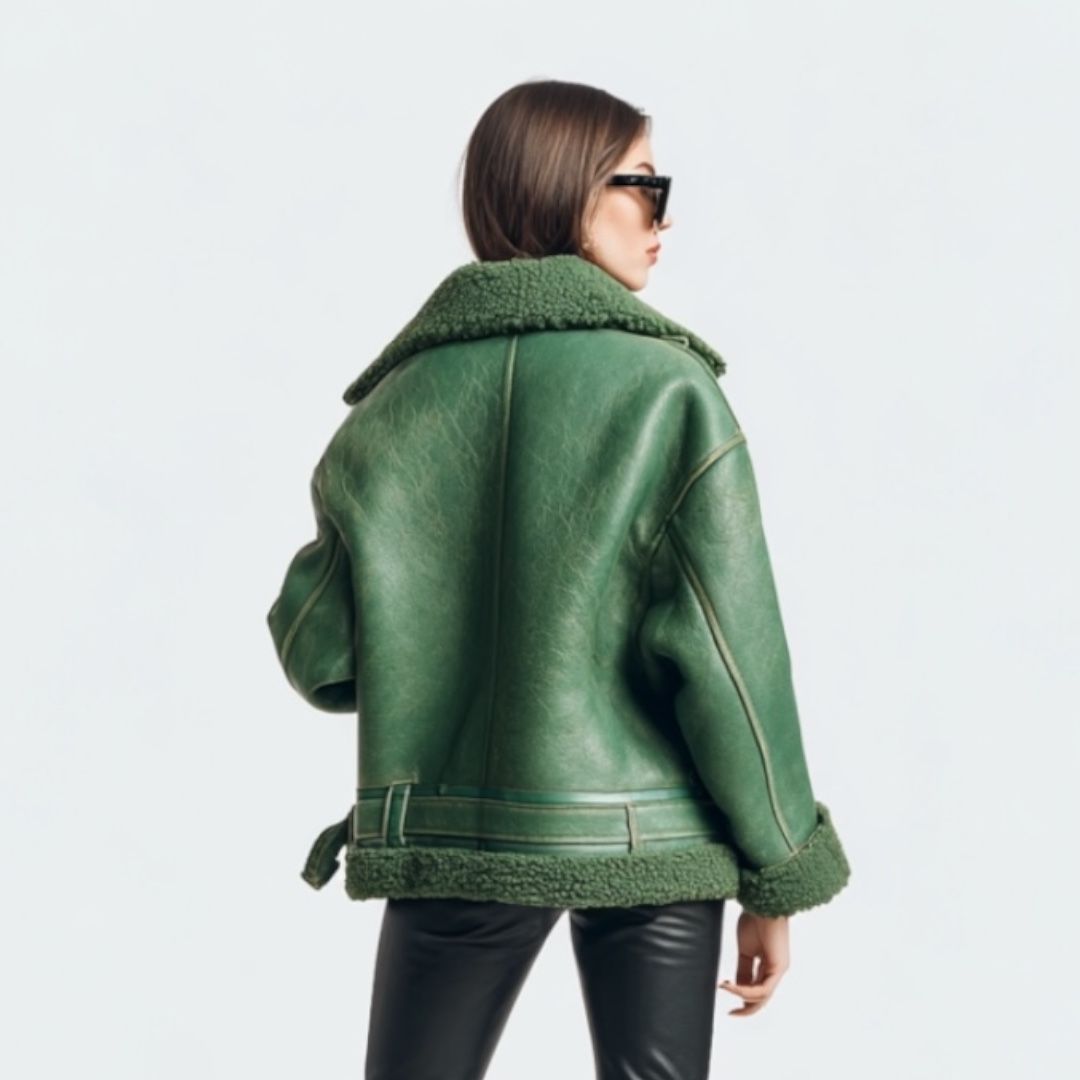 Green Shearling Bomber Leather Jacket – Aviator Flight Coat Faux Fur