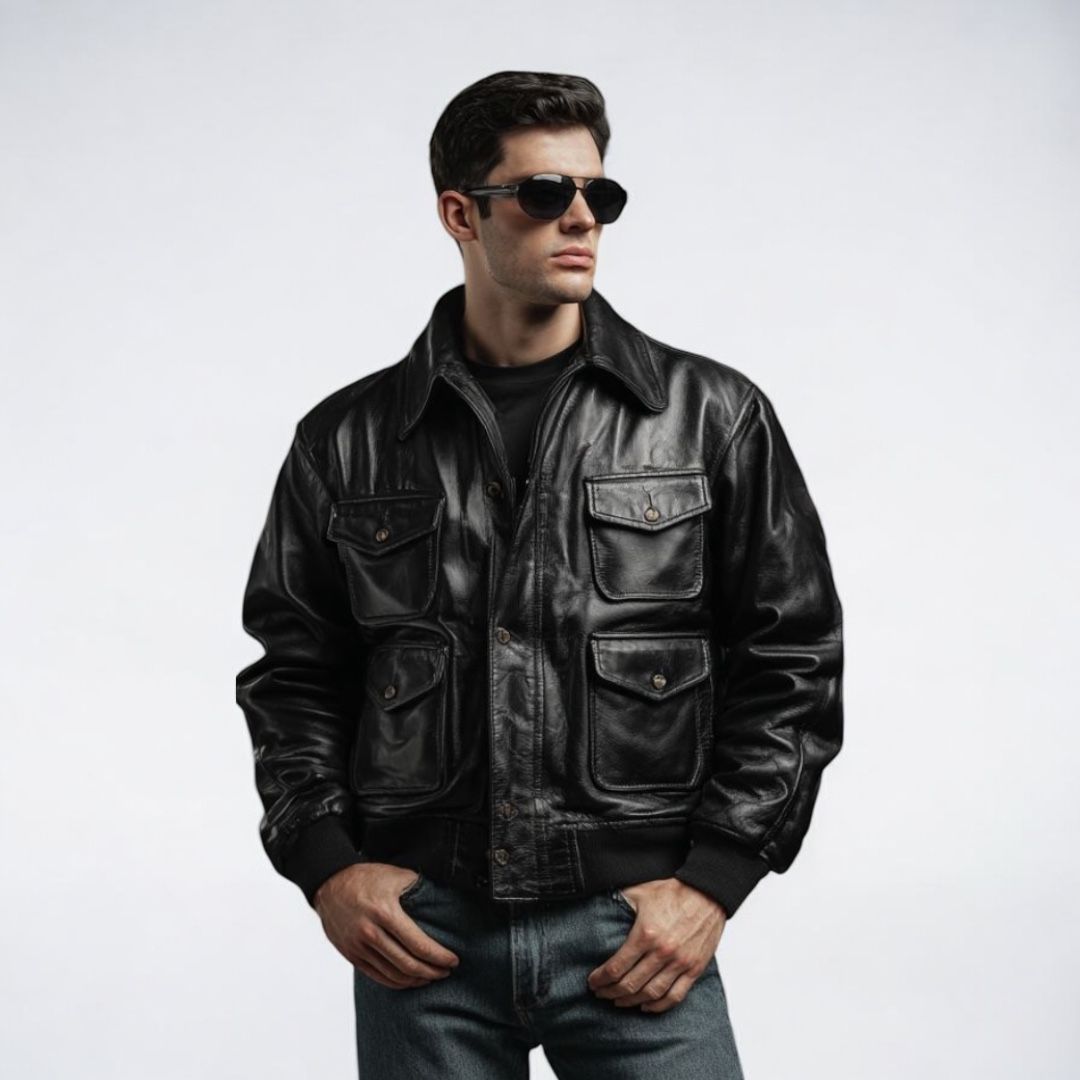 A2 Black Leather Bomber Jacket - Classic Aviator Flight Jacket