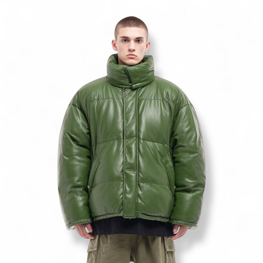Green Leather Puffer Jacket - Genuine Leather Quilted Bomber Coat