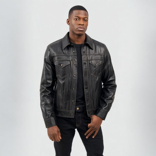 Black Leather Jacket Classic Western Cowboy Vintage Biker Coat